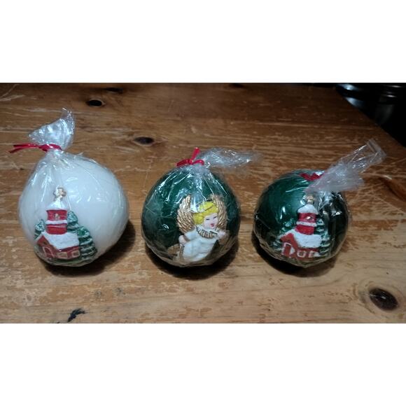 Vintage 3"L Robert Alan Church & Angel Christmas Holiday Round Ball Candles Set - Picture 1 of 3
